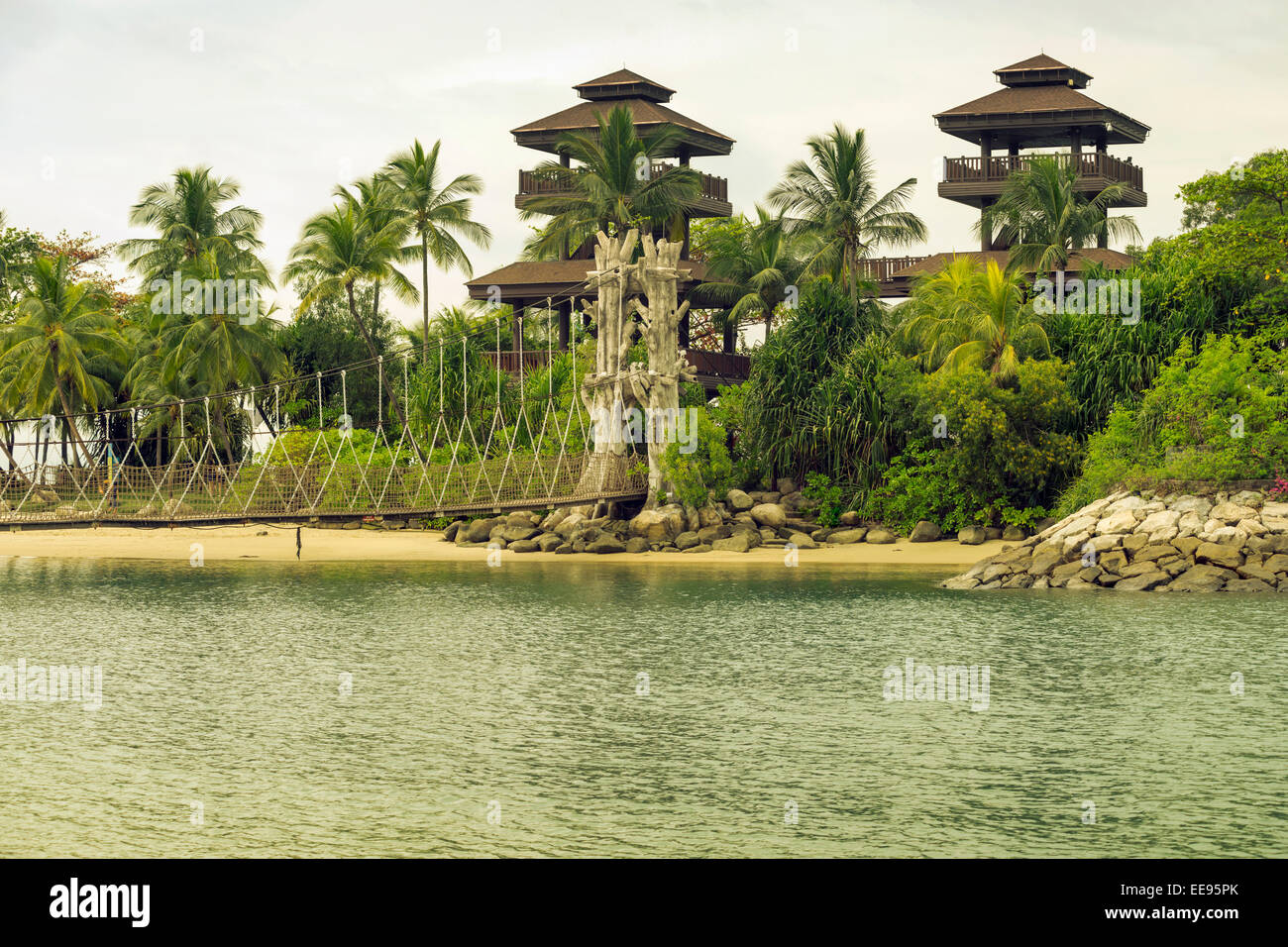 Palawan Beach with observation tower on Sentosa Island in Singapore Stock Photo