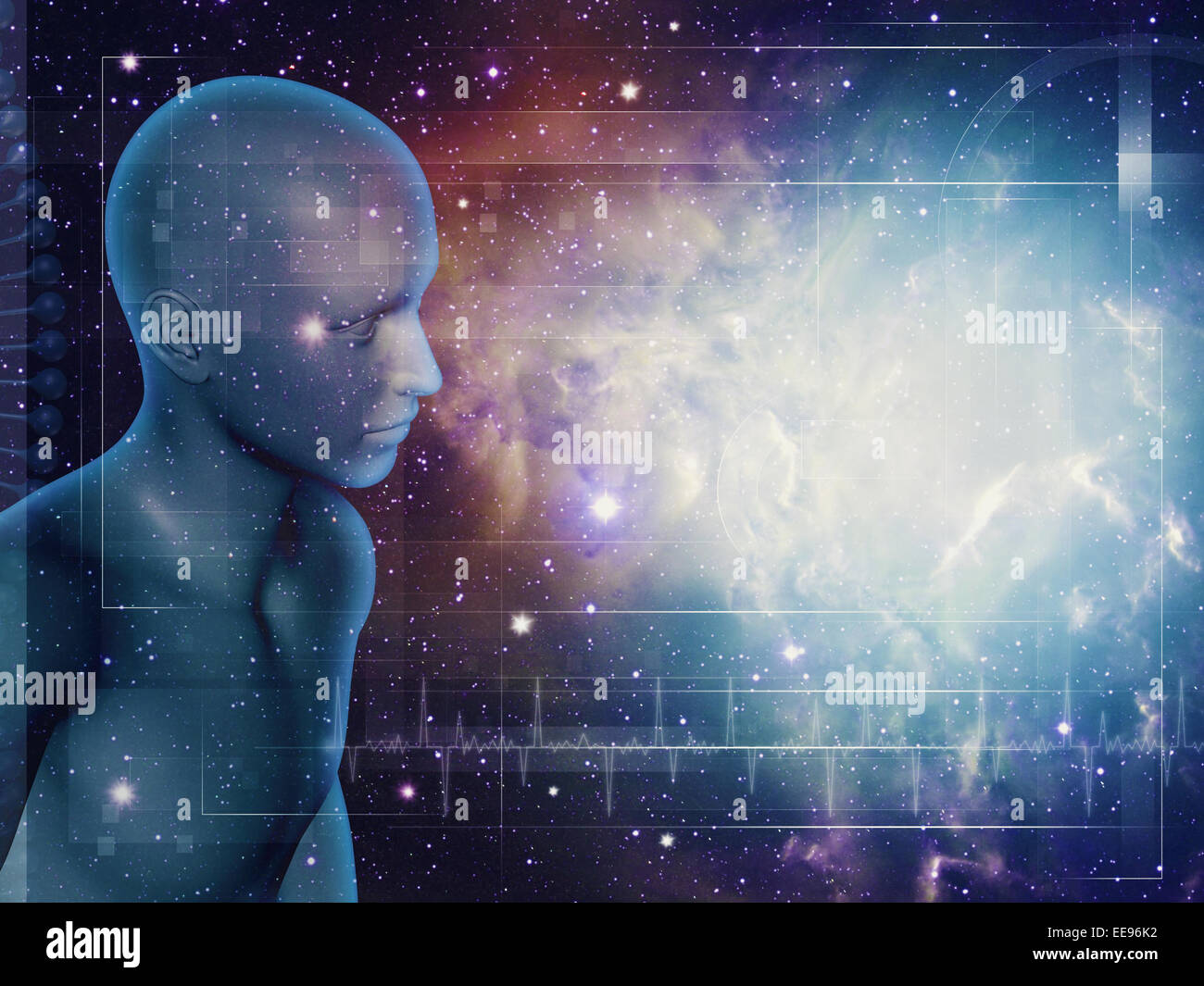 Walking through Universe, abstract science backgrounds with 3D human figure Stock Photo