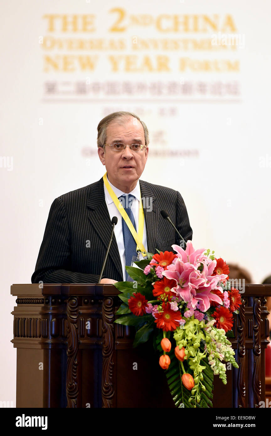 (150115) -- BEIJING, Jan. 15, 2015 (Xinhua) -- French Ambassador to China Maurice Gourdault-Montagne addresses the opening ceremony of the 2nd China Overseas Investment New Year Forum in Beijing, capital of China, Jan. 15, 2015. (Xinhua/Li Xin) (ry) Stock Photo