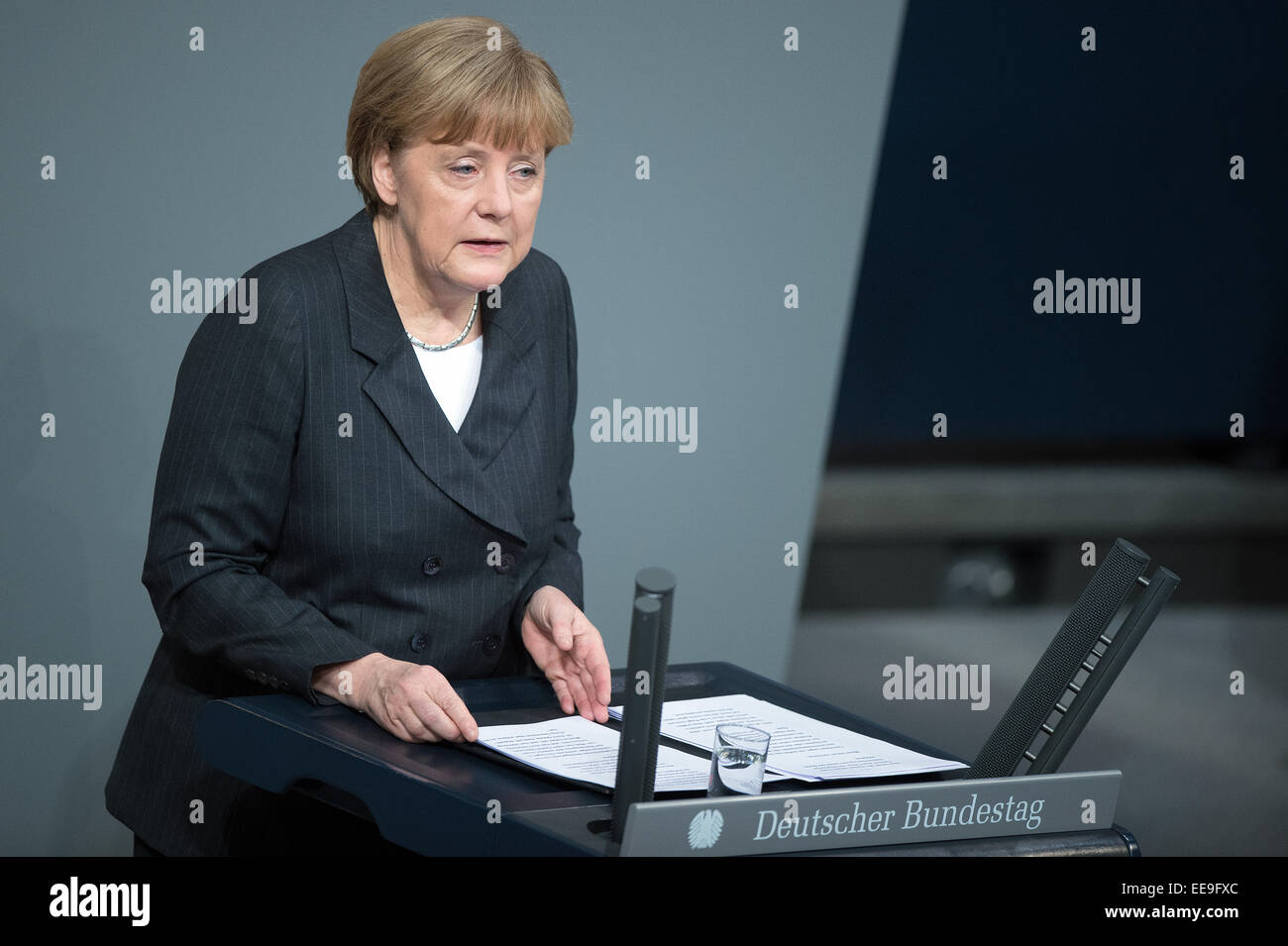 Berlin, Germany. 15th Jan, 2015. Chancellor Angela Merkel speaks at the Bundestag in Berlin, Germany, 15 January 2015. Photo: MAURIZIO GAMBARINI/dpa/Alamy Live News Stock Photo
