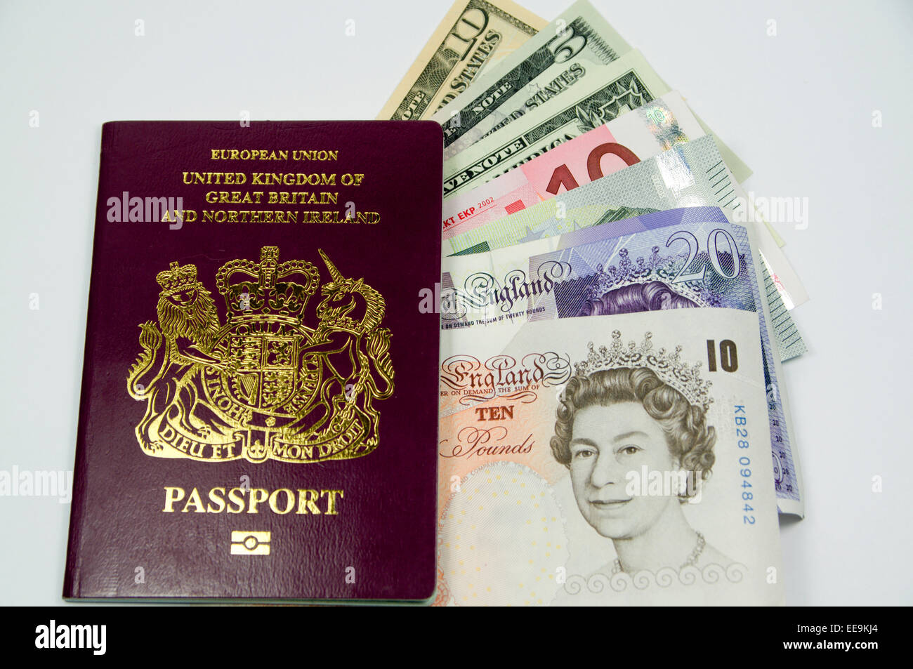 British passport, Pounds, Dollars and Euros Stock Photo