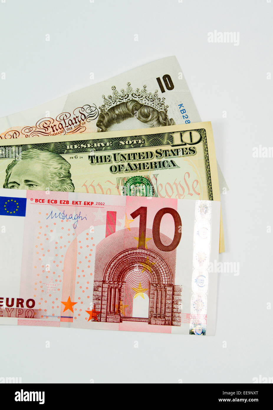 Pounds, Dollars and Euro notes. Stock Photo