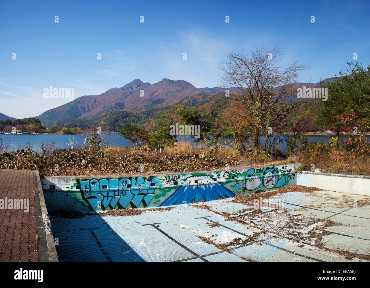 Abandoned swimming pool complex on the shore of Lake Kawaguchi, Japan. Stock Photo