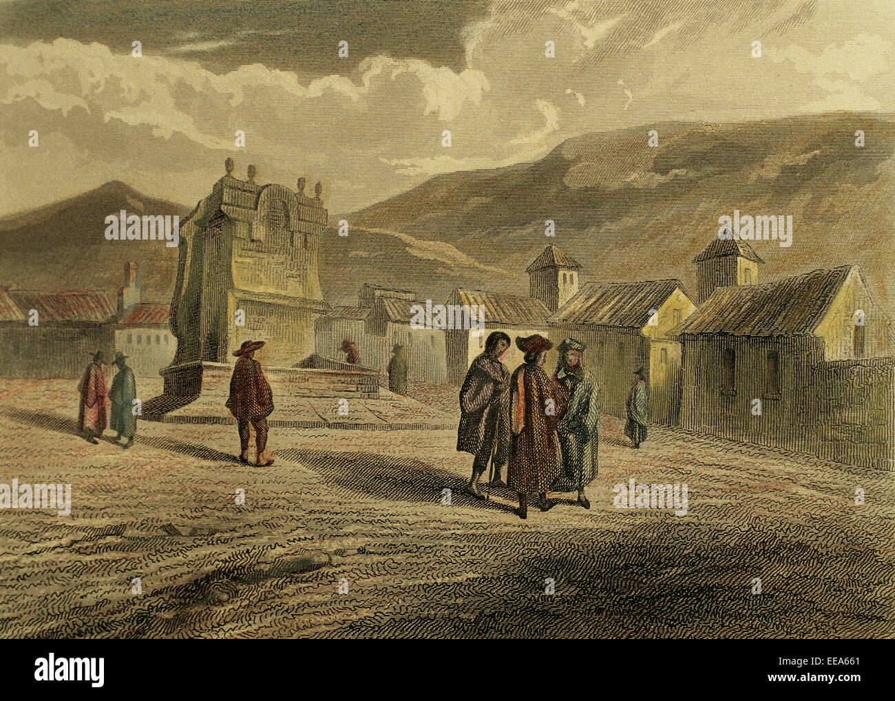 Colombia. Bogota. Founded by Gonzalo Jimenez de Quesada, 1538. Engraving, 1850. Color. Stock Photo