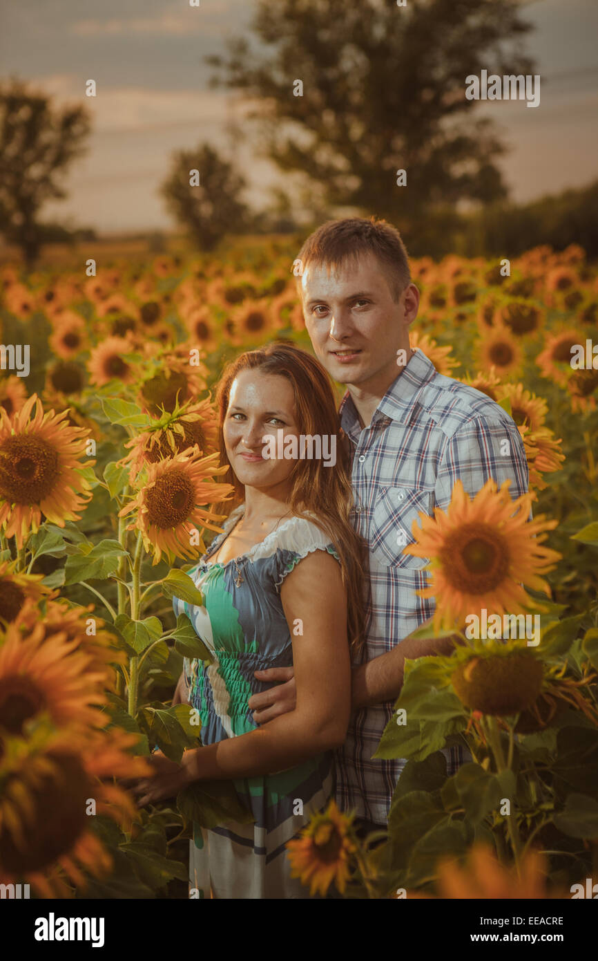 Beautiful couple having fun in sunflowers fields Stock Photo - Alamy