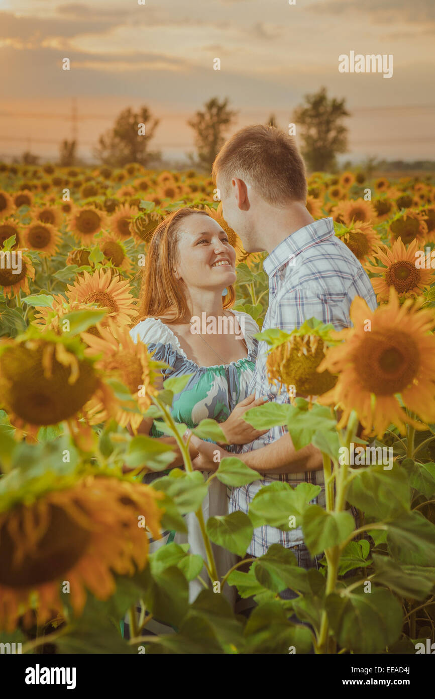 Beautiful couple having fun in sunflowers fields Stock Photo - Alamy