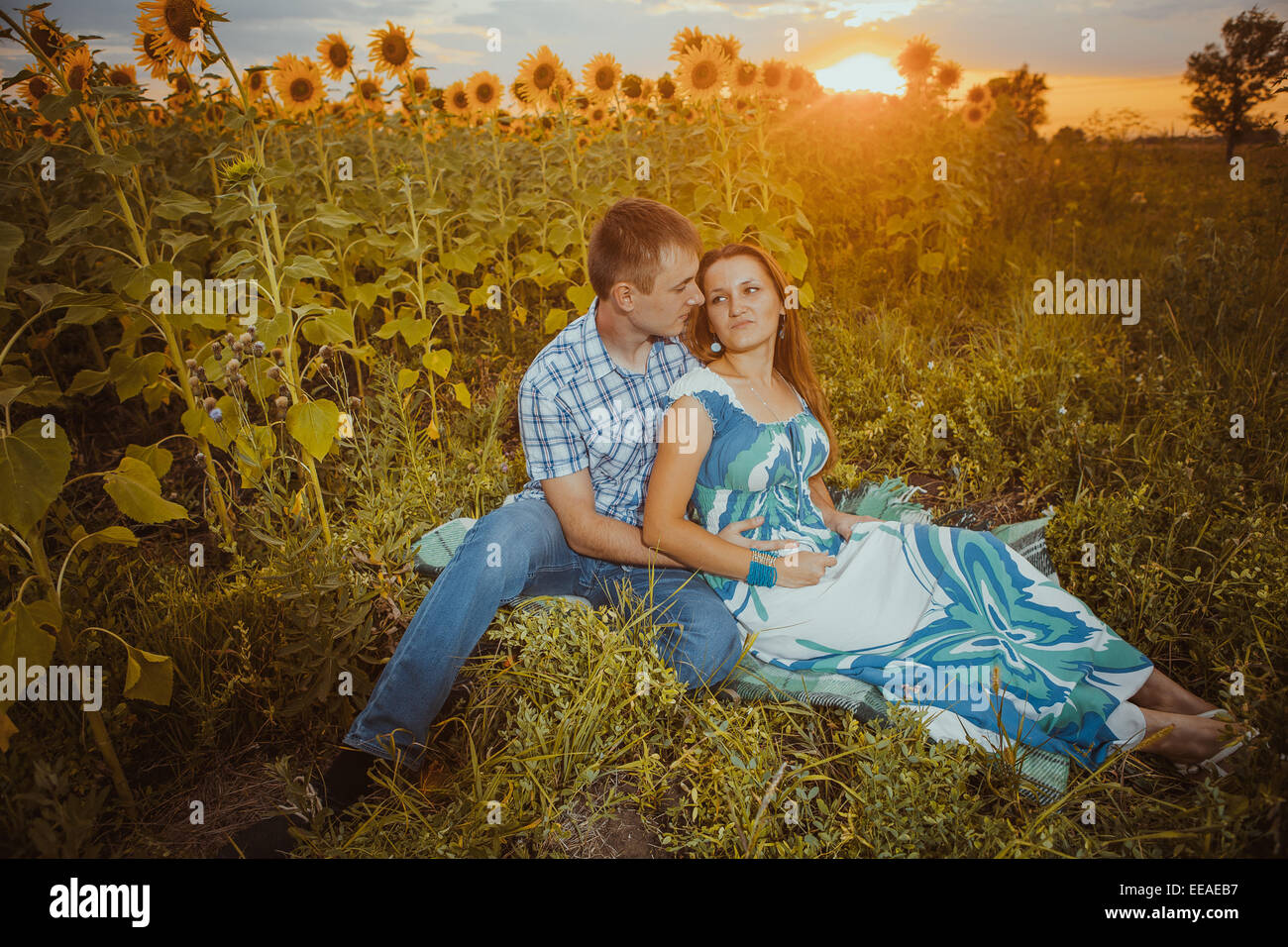Beautiful couple having fun in sunflowers fields Stock Photo - Alamy