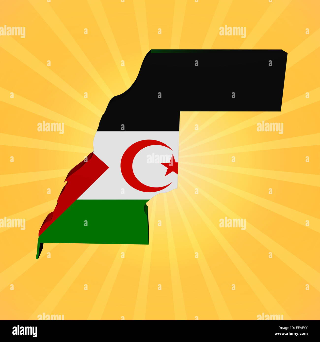 Western Sahara map flag on sunburst illustration Stock Photo