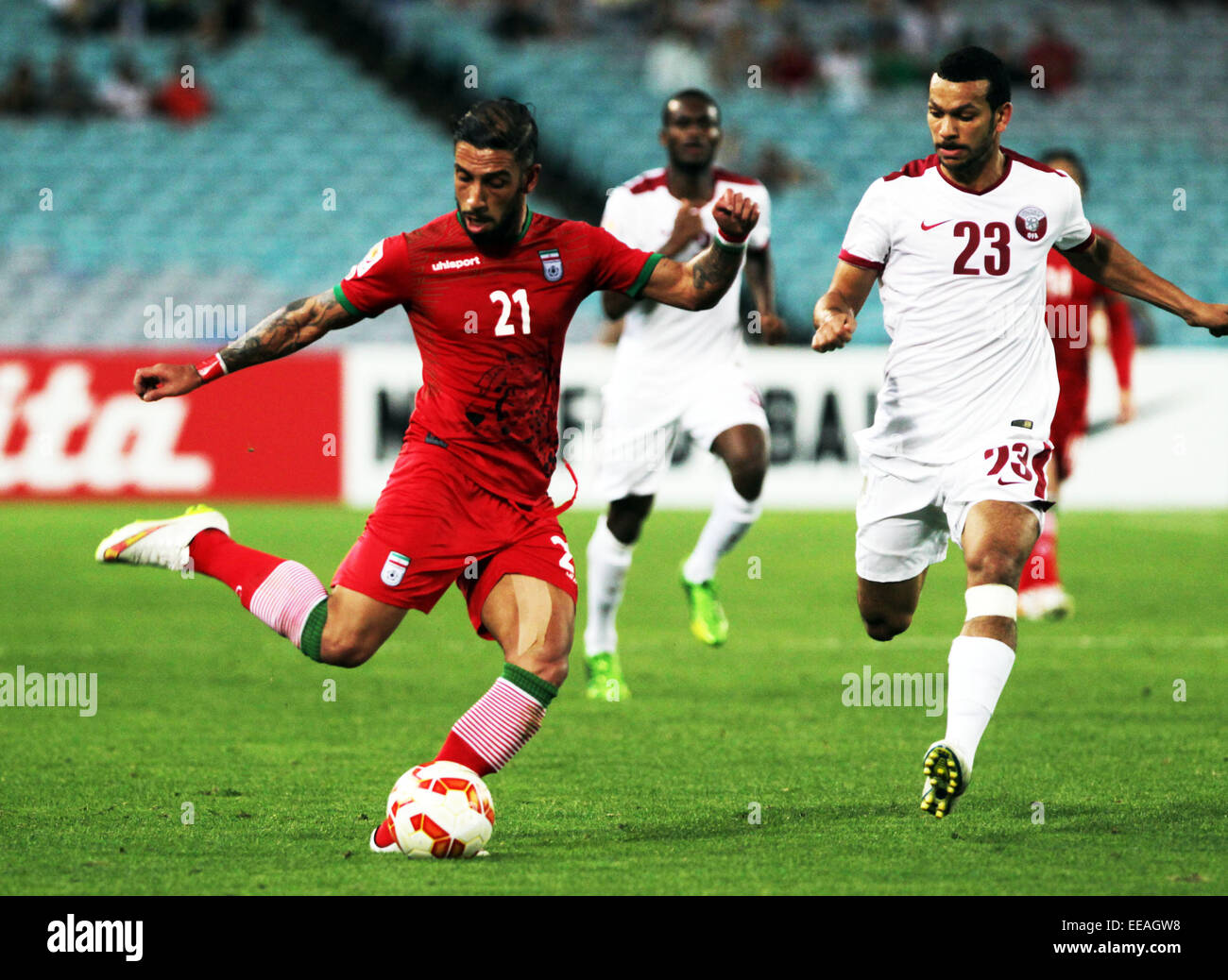 Sydney, Australia. 15th January, 2015. Ashkan Dejagah of Iran competes during a Group C match against Qatar of the AFC Asian Cup in Sydney, Australia, Jan. 15, 2015. Iran won 1-0. (Xinhua/Jin Linpeng) © Xinhua/Alamy Live News Stock Photo