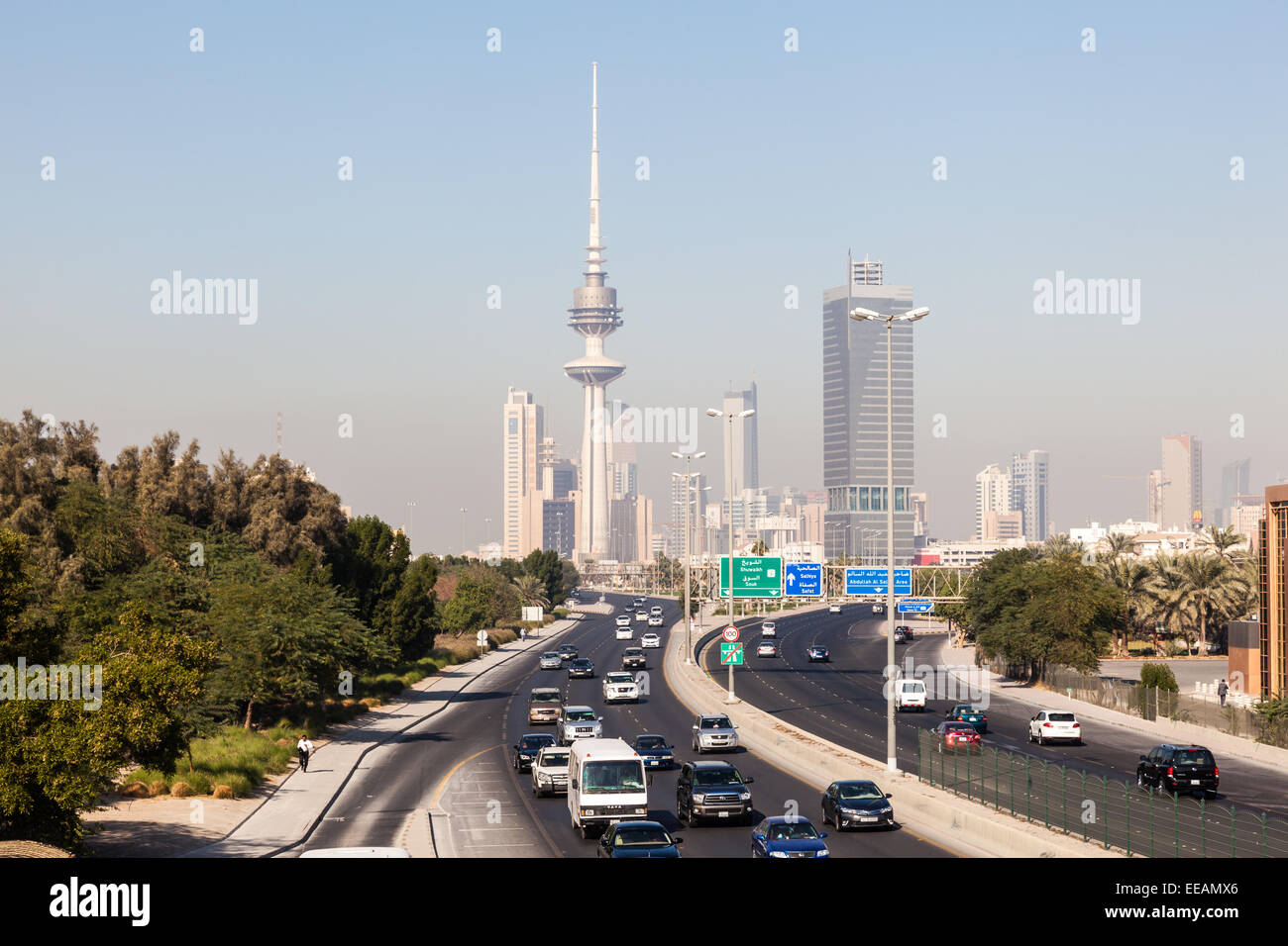 Traffic on the city highway and skyline of Kuwait Stock Photo