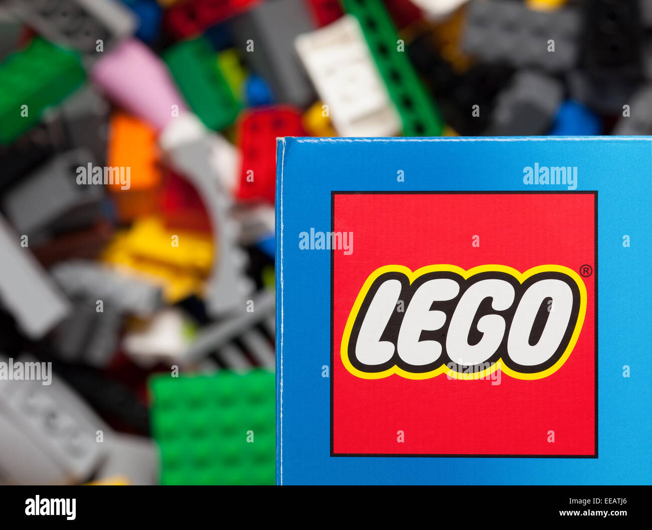 Tambov, Russian Federation - January 12, 2015 Lego logo on the box with Lego  blocks background. Adobe RGB. Studio shot Stock Photo - Alamy