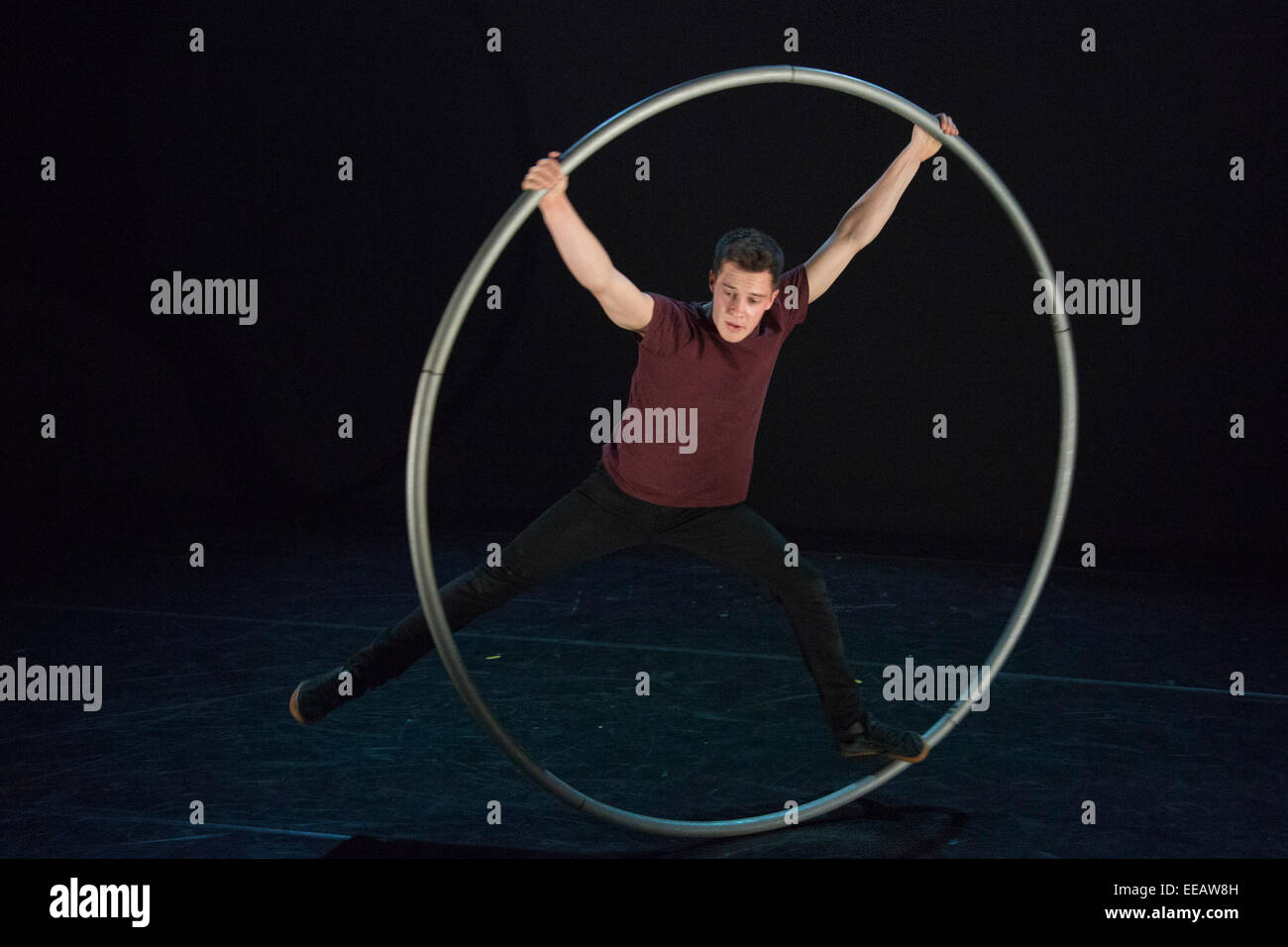 Photocall for Barely Methodical Troupe's 'Bromance', the opening show of the London International Mime Festival (LIMF) at the Platform Theatre at Central Saint Martins in King's Cross, London. Barely Methodical Troupe are: Beren d'Amico, Louis Gift and Charliee Wheeller. The group won the inaugural Circus Maximus competition and a 2014 Total Theatre Award. The show runs from 8 to 10 January 2015 at the Platform Theatre, Central Saint Martins. Photo credit: Bettina Strenske Stock Photo