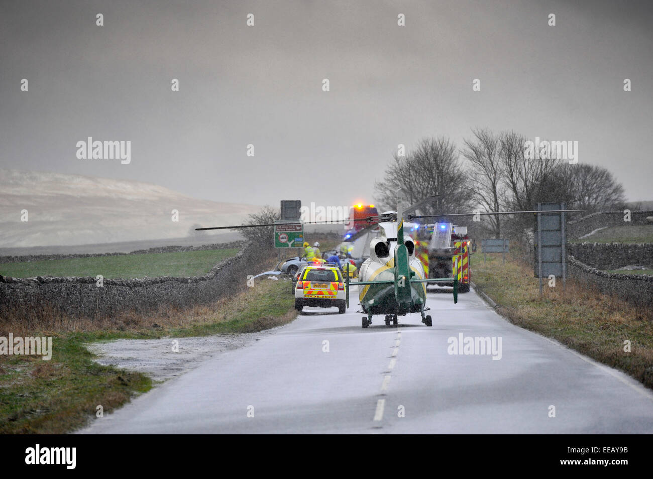 Air Ambulance attending a road traffic accidentin icy weather, Kirkby