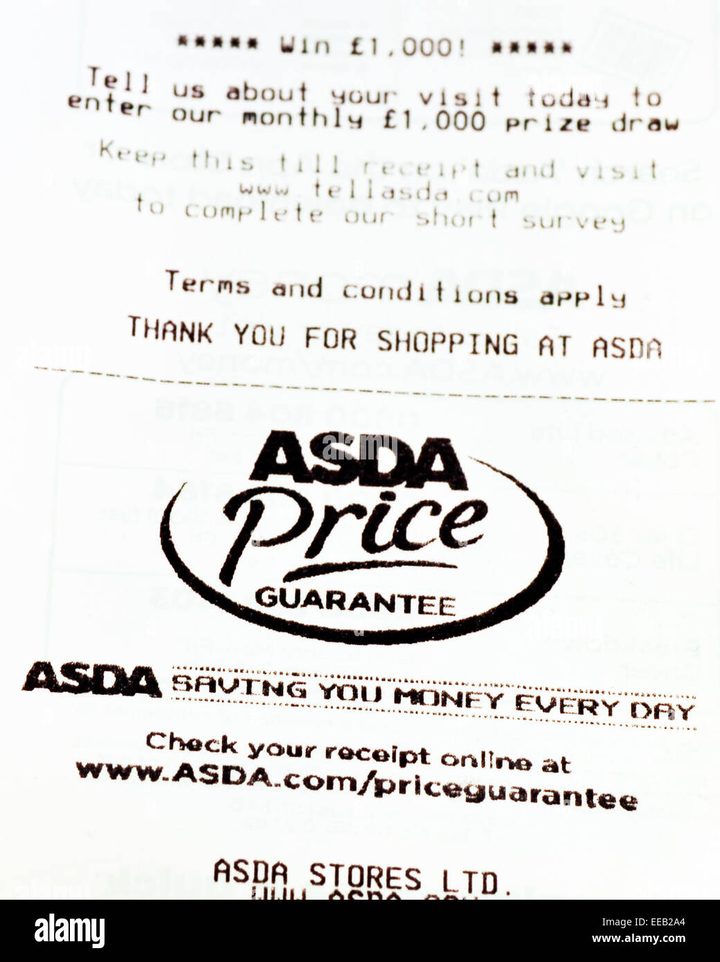 Asda supermarket receipt slips showing the 'Asda Price' guarantee, Stock Photo