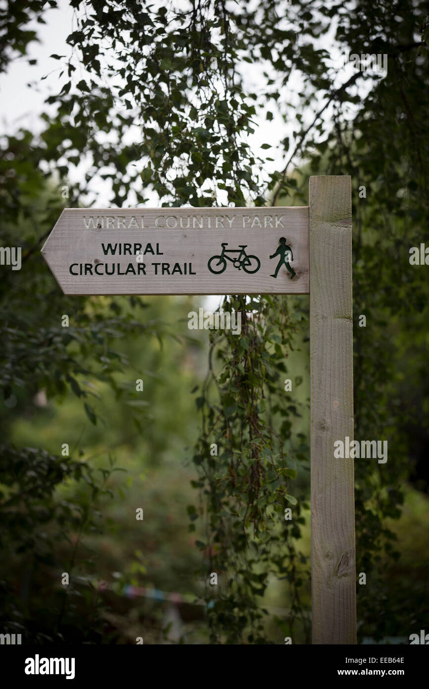 A sign for cyclists and walkers on the Wirral Way at West Kirby, Wirral. Stock Photo