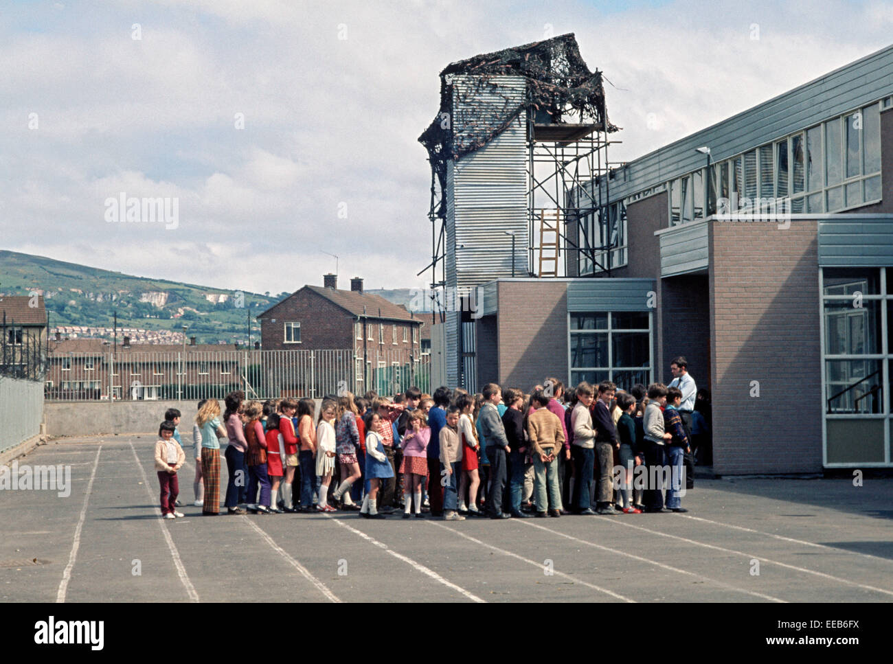 BELFAST, NORTHERN IRELAND - JUNE 1972. Black Mountain Primary School used as a British Army Look Out Post onto Nationalist West Belfast, Northern Ireland. Stock Photo