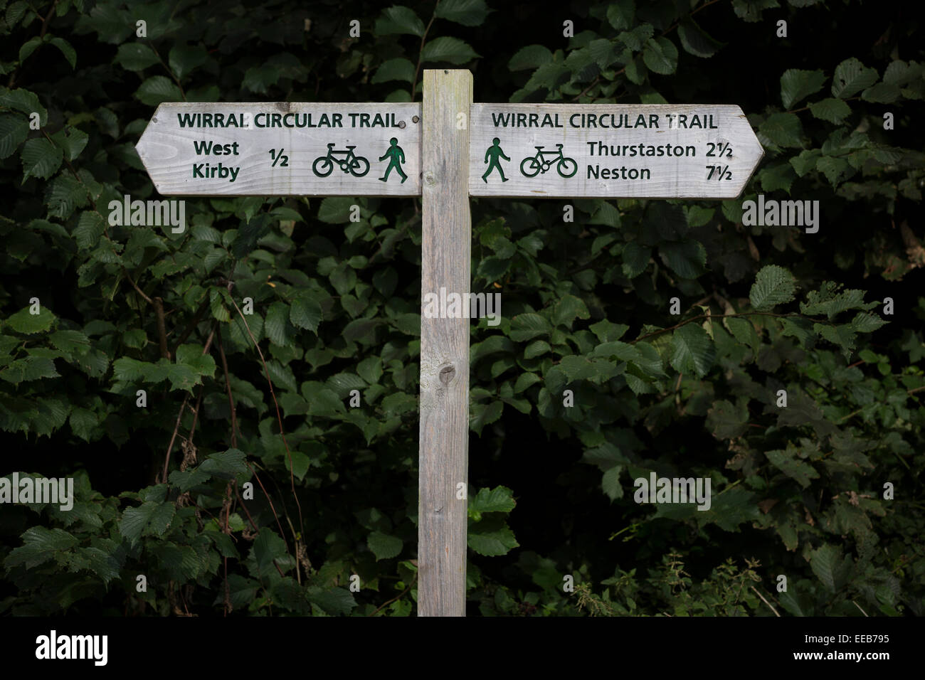 A sign for cyclists and walkers on the Wirral Way at West Kirby, Wirral. Stock Photo
