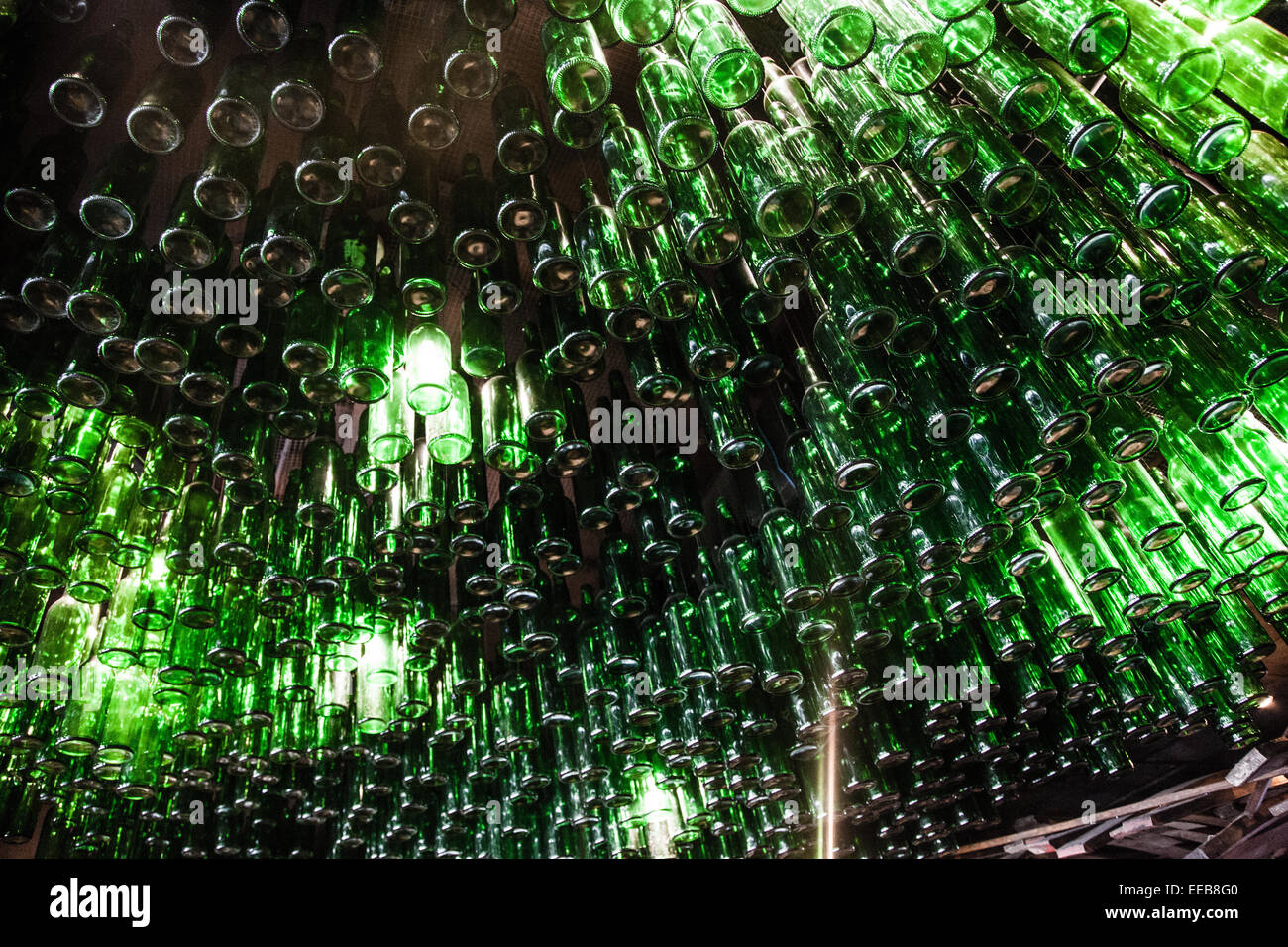 bottles of cider as decoration on a typical bar in Gijon, Asturias