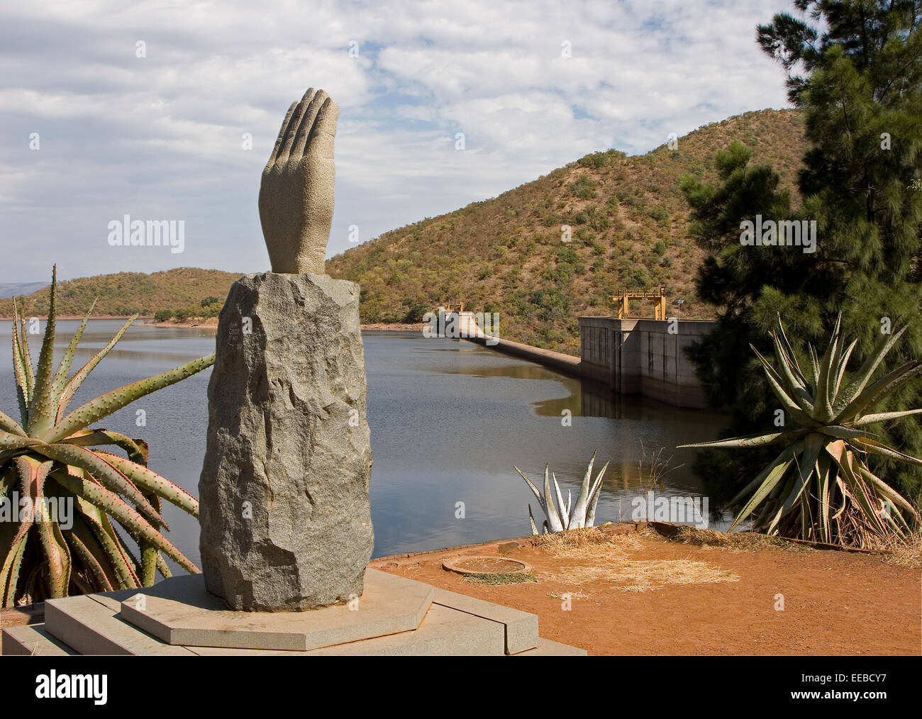 Monument by reservoir dam where water used mainly for irrigation purposes in Loskop Dam Nature Reserve on Olifants River, Mpumalanga, South Africa Stock Photo