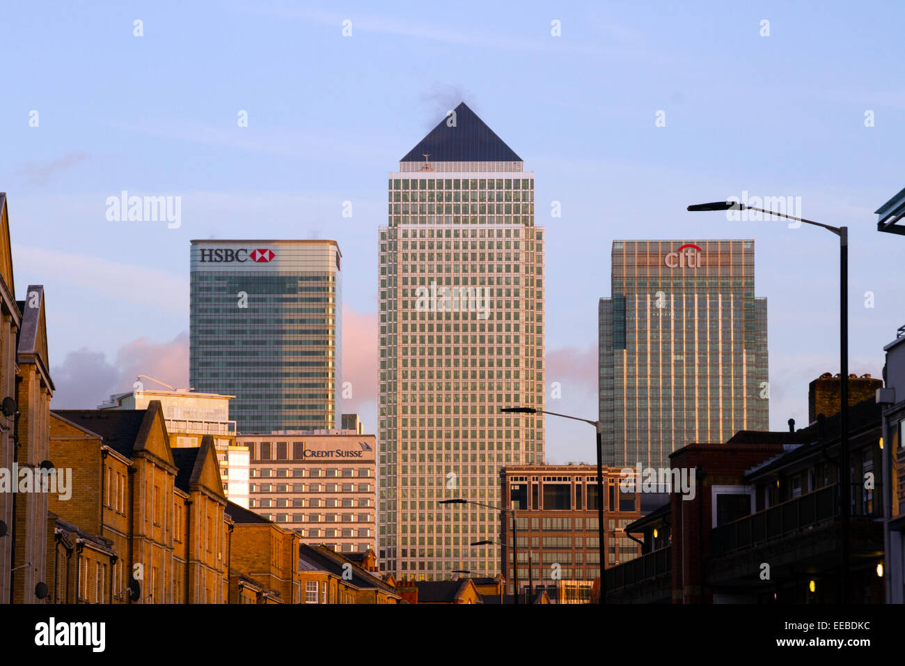 Canary Wharf towers seen from a distance. Stock Photo