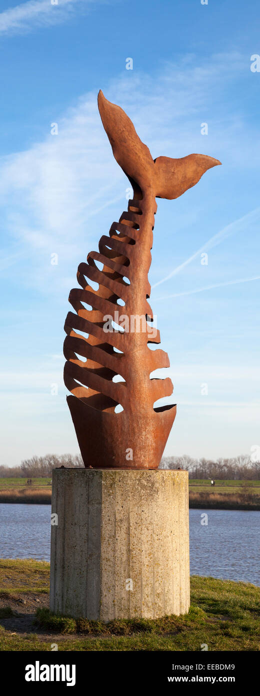Fish bone sculpture, Leybucht bay, Greetsiel, Krummhörn, East Frisia, Lower Saxony, Germany, Europe Stock Photo