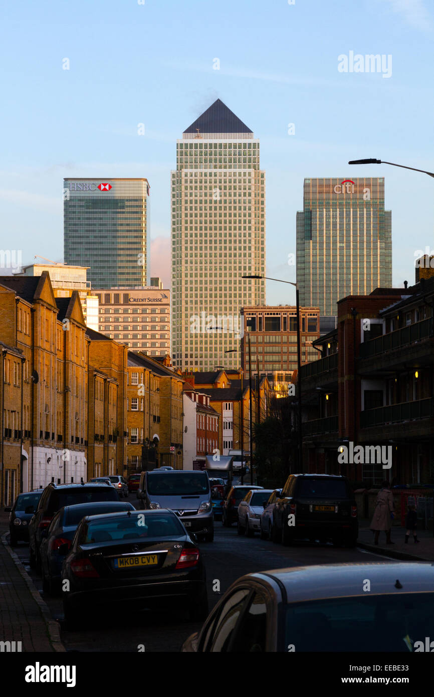 Canary Wharf towers seen from a distance. Stock Photo