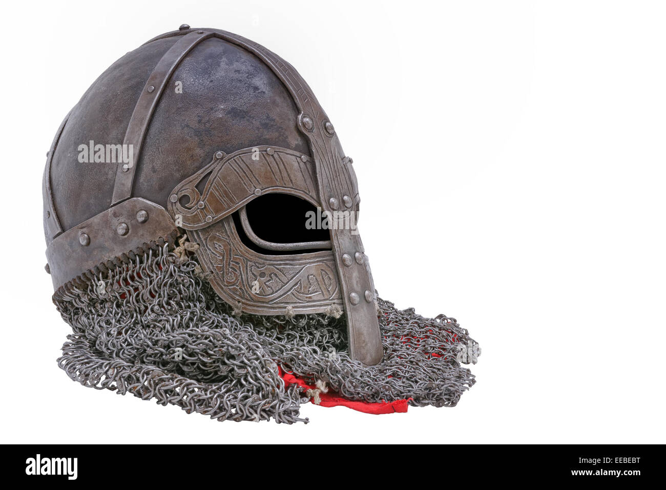 Old forged Viking helmet on a white background. Stock Photo