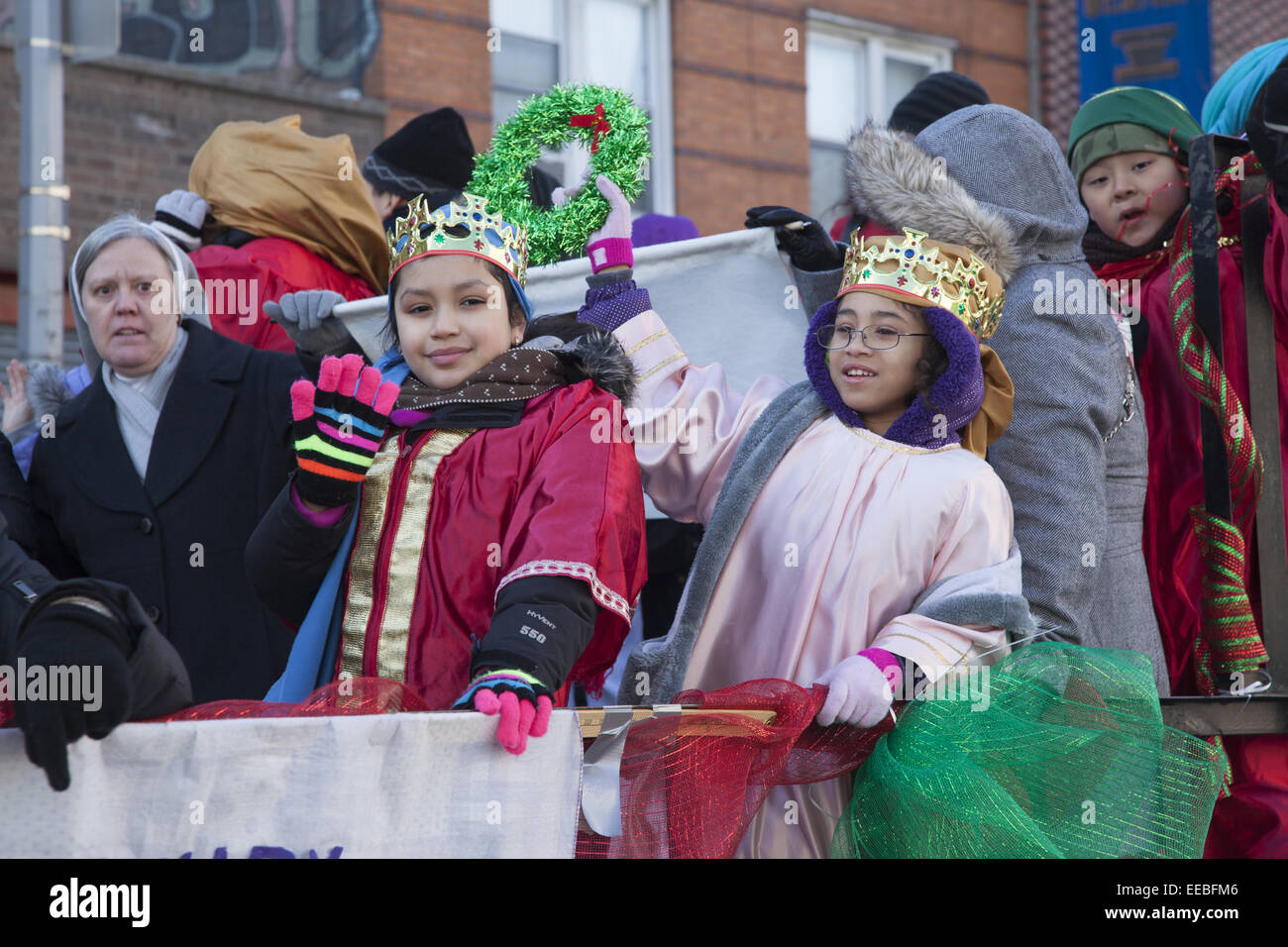 Participants in the annualThree Kings Day Parade on Epiphany in Williamsburg, Brooklyn, NY Stock Photo