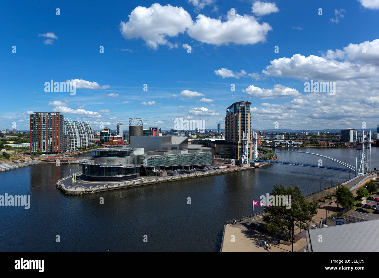 England, Greater Manchester, high viewpoint over Salford quays and The Lowry Theatre and Media City Stock Photo