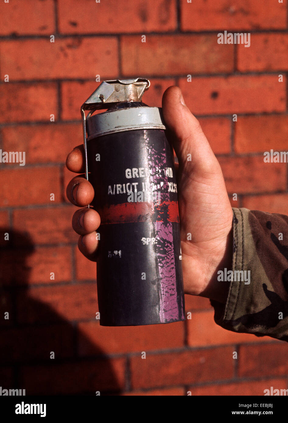 WEAPONS OF ULSTER - FEBRUARY 1972. CS Gas cannister used at the beginning of The Troubles by The British Army for Riot Control, Northern Ireland. Stock Photo