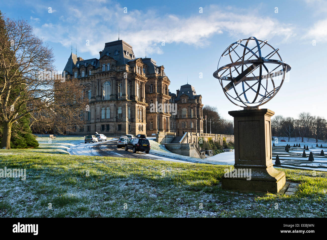 The Bowes Museum and the Armillary Sphere Memorial to HM Queen Elizabeth The Queen Mother, Barnard Castle Teesdale County Durham Stock Photo
