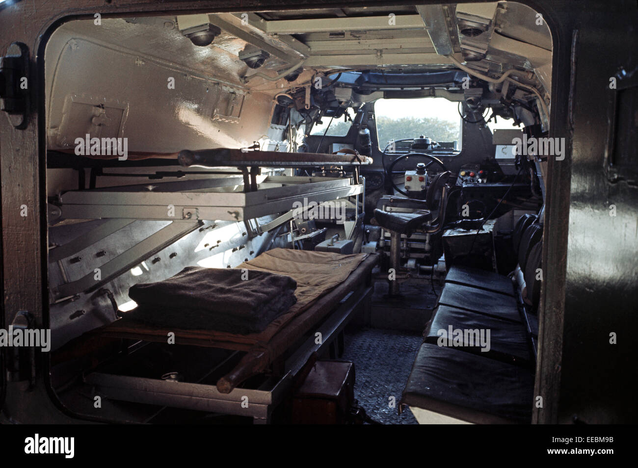 WEAPONS OF ULSTER - FEBRUARY 1972. Interior of British Army Saracen Ambulance during The Troubles, Northern Ireland. Stock Photo