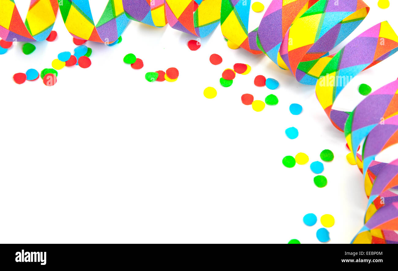 Confetti and party streamer on white background Stock Photo - Alamy
