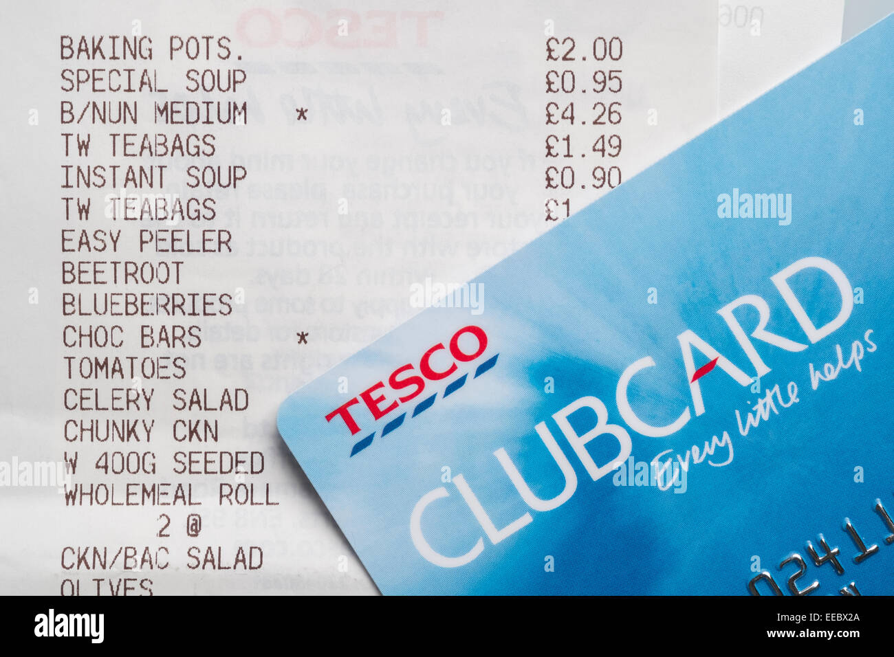 Tesco Clubcard used to collect loyalty points from grocery purchase items. Stock Photo