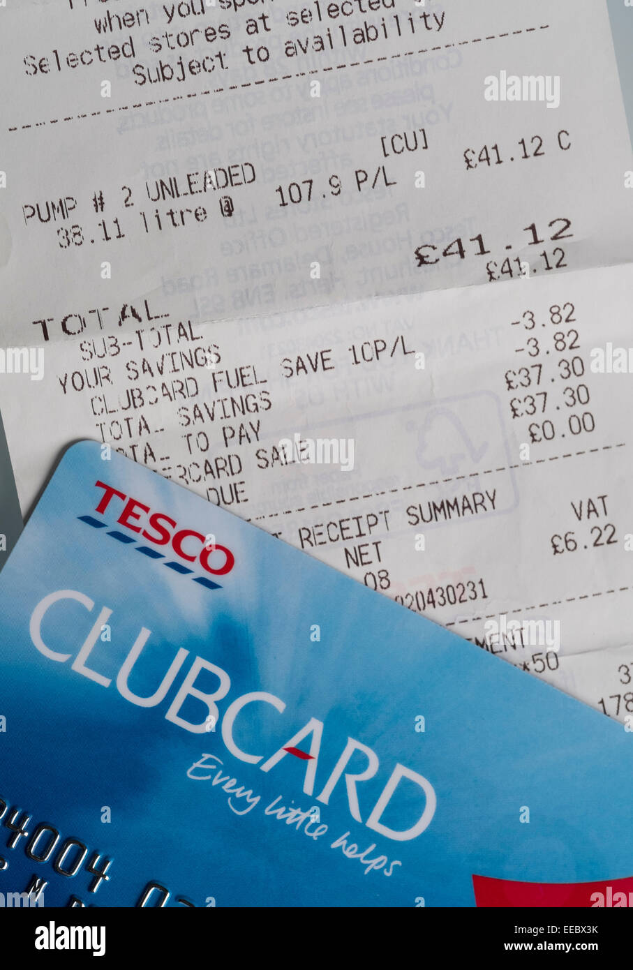 Tesco Clubcard fuel price till receipt savings for petrol or diesel. Stock Photo