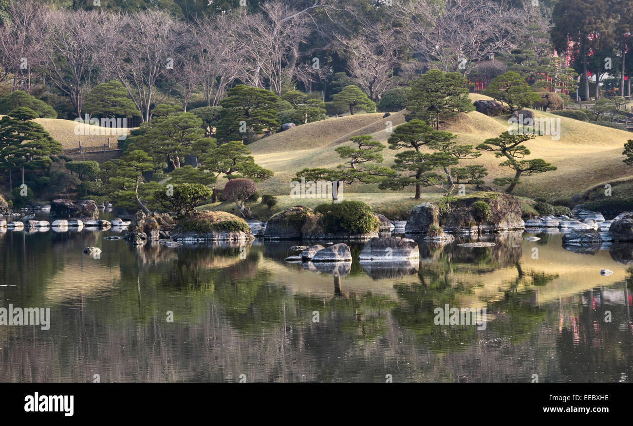 Kumamoto, Kyushu, Japan. The stroll garden of Suizen-ji Joju-en, begun in 1632. Pine trees pruned to give an illusion of scale Stock Photo