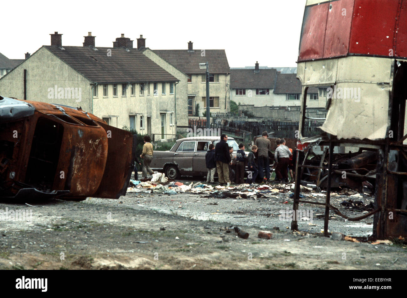 BELFAST, NORTHERN IRELAND APRIL 1973. Hijacked burnt out Vehicles