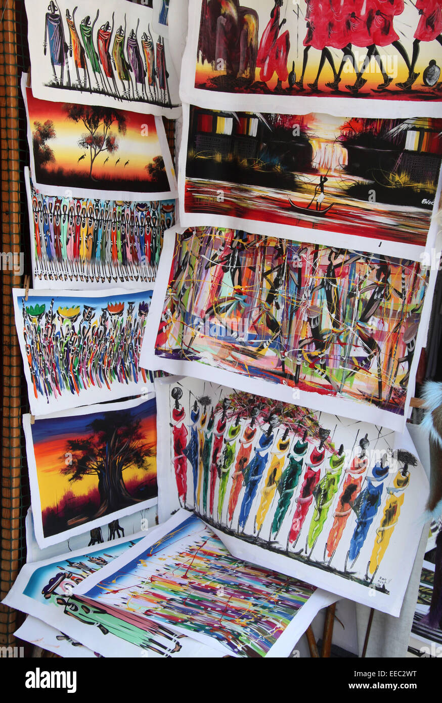 South African Paintings on a Market Stall in Cape Town Stock Photo