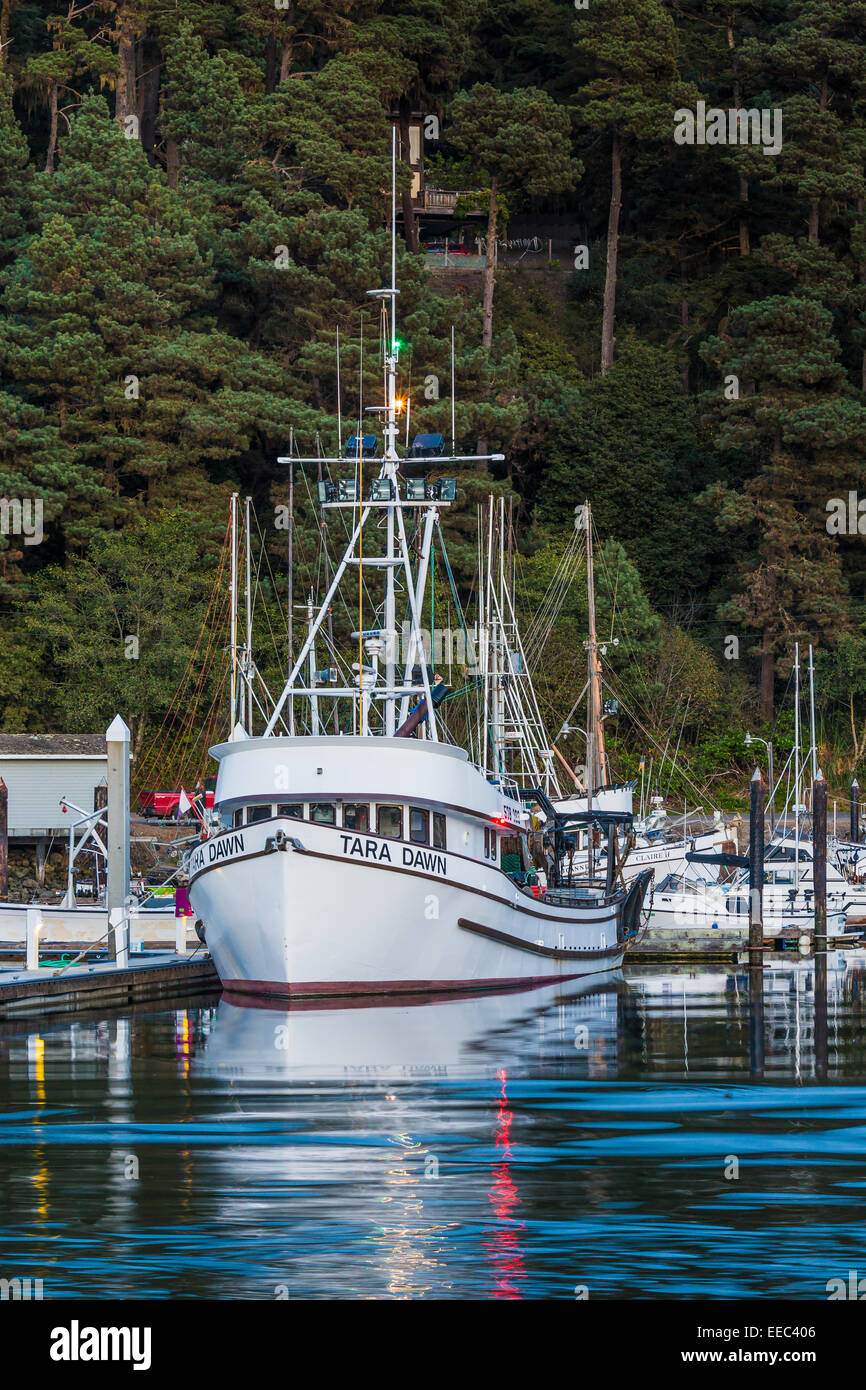 The M/V Tara Dawn, a fishing vessel captained by Tommy Estes, moored in Outer Noyo Harbor near the mouth of the Noyo River, Fort Stock Photo