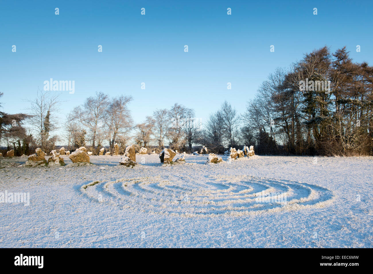 Labyrinth symbol at the Rollright stones covered in snow in winter. Oxfordshire, England. Stock Photo