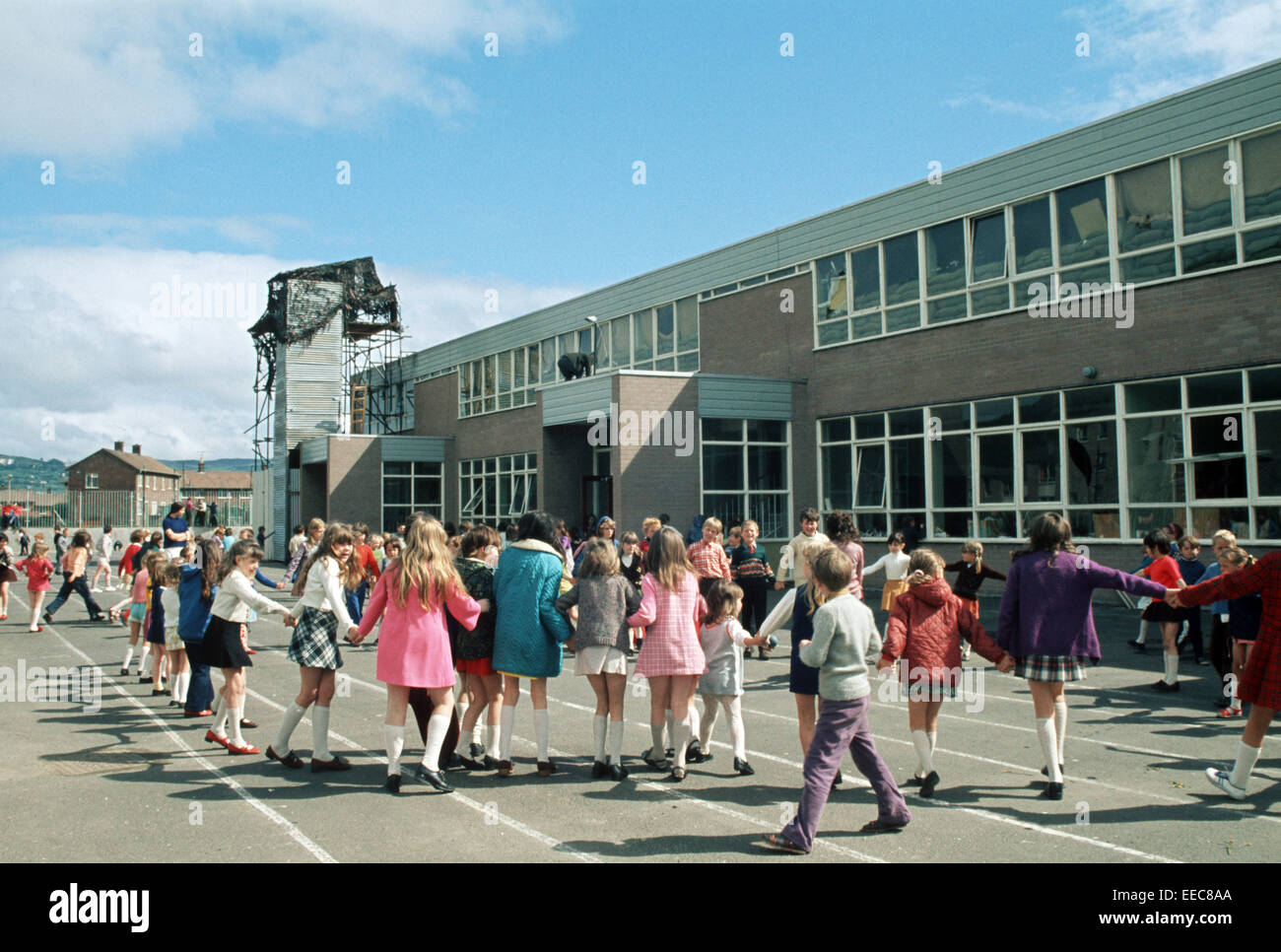 BELFAST, NORTHERN IRELAND - JUNE 1972. Black Mountain Primary School used as a British Army Look Out Post onto Nationalist West Belfast, Northern Ireland. Stock Photo