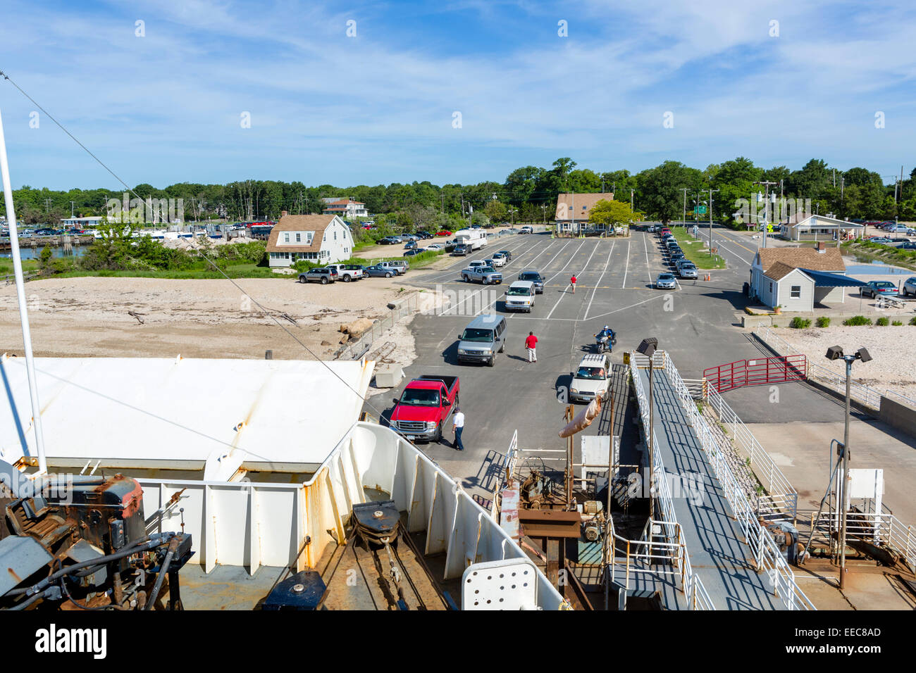 Vehicles boarding the Cross Sound Ferry at the harbour in Orient, Long Island, NY, North Eastern USA Stock Photo