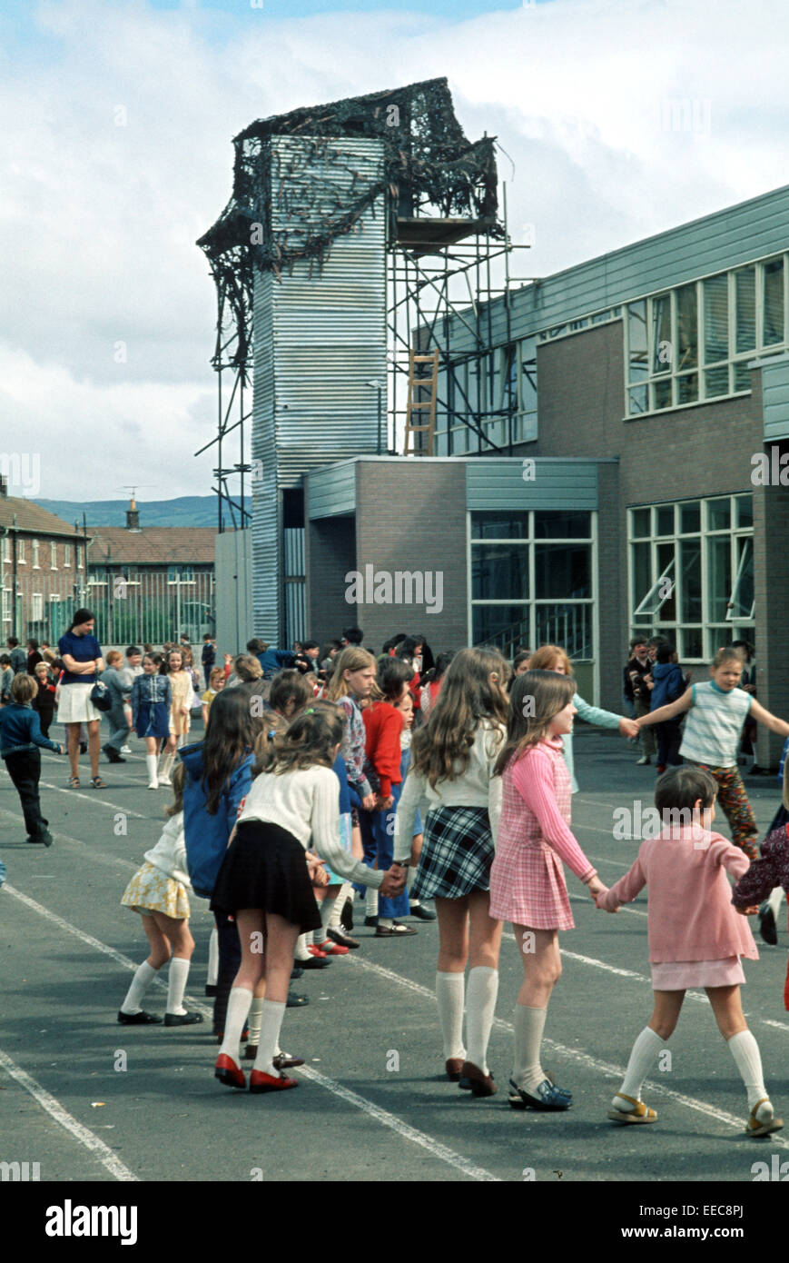 BELFAST, NORTHERN IRELAND - JUNE 1972. Black Mountain Primary School used as a British Army Look Out Post onto Nationalist West Belfast, Northern Ireland. Stock Photo