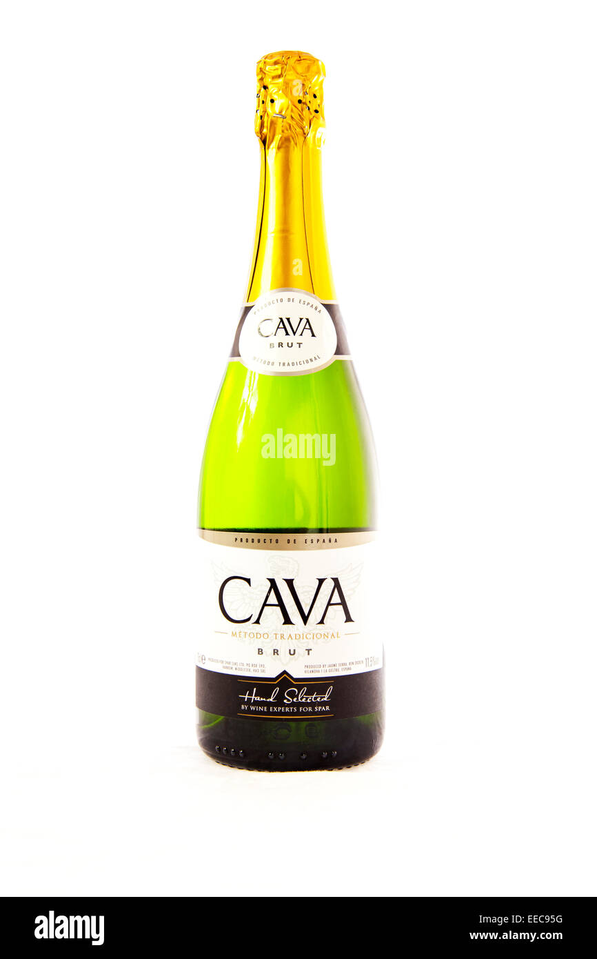 Cava wine bottle full brut spanish espana white sparkling champagne out copy space white background Stock Photo