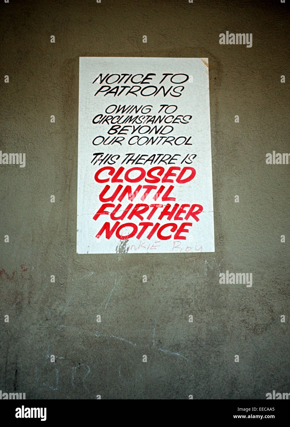 BELFAST, NORTHERN IRELAND - JUNE 1972. Notice outside Irish Republican Army fire bombed cinema during The Troubles. Northern Ireland. Stock Photo