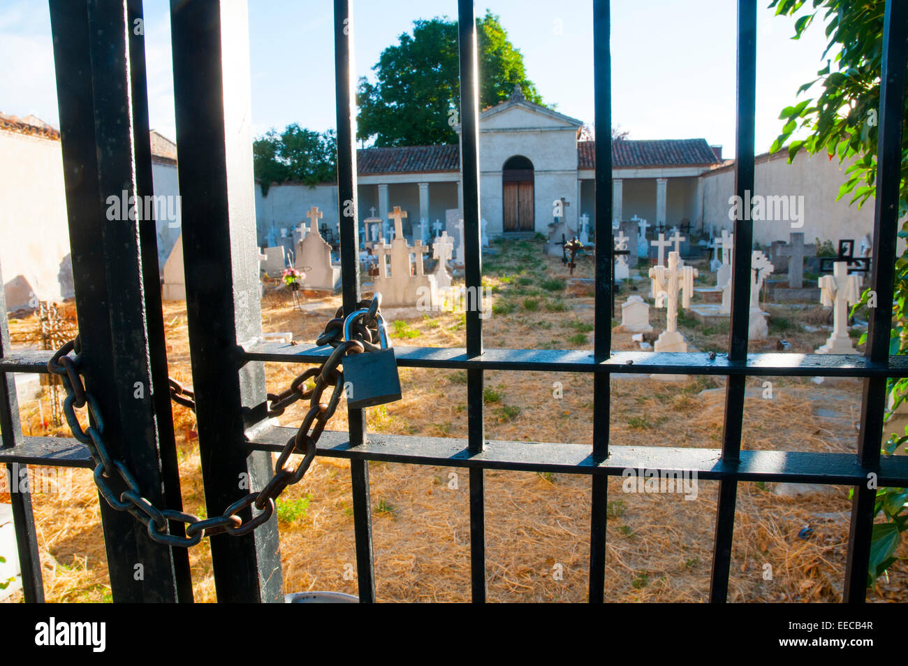 Closed door of the cemetery. Rascafria, Madrid province, Spain. Stock Photo