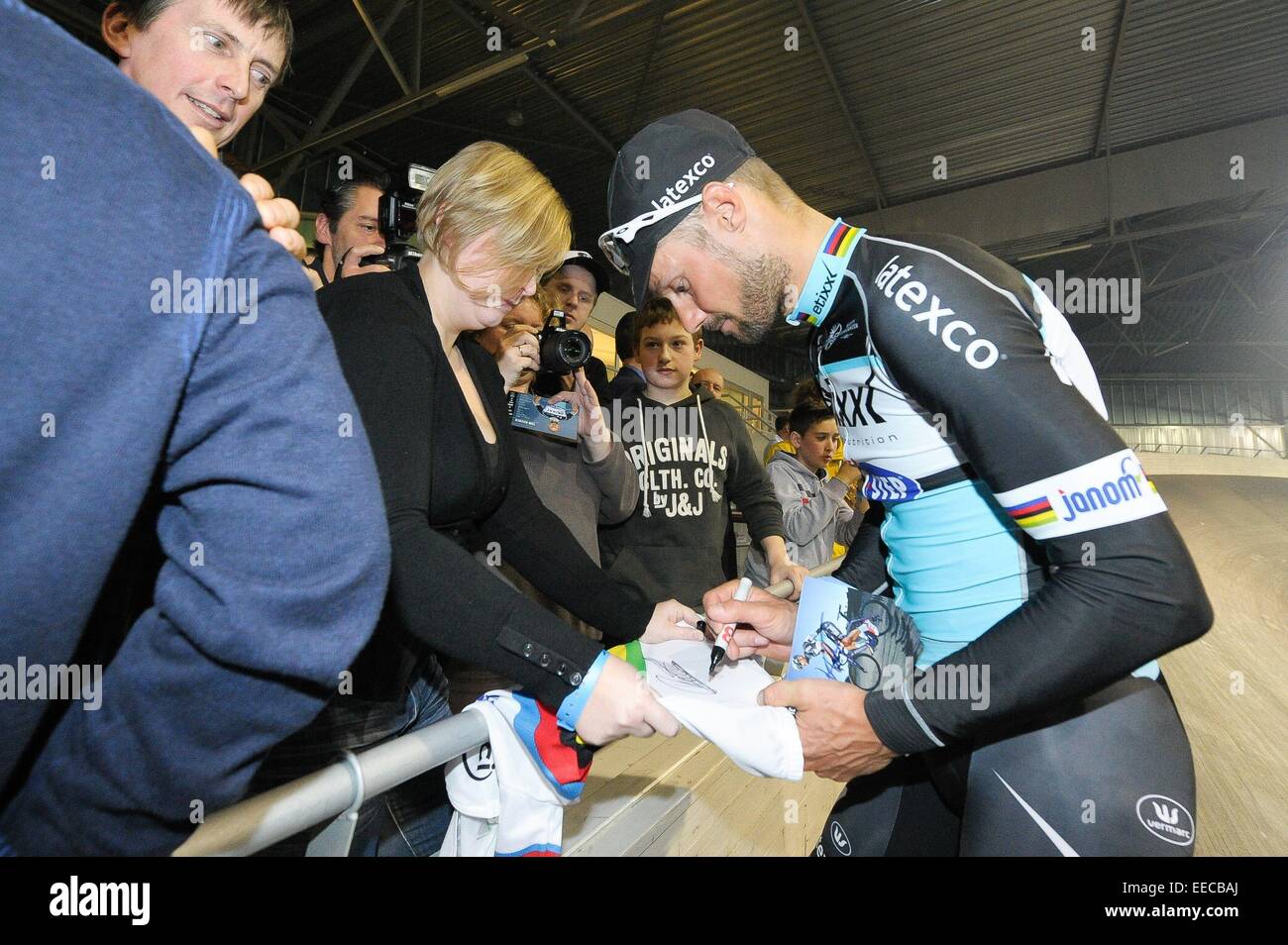 Gent, Belgium. 14th Jan, 2015. Team Etixx - Quickstep Team Presentation for the 2015 season. Tom Boonen signs autographs for fans © Action Plus Sports/Alamy Live News Stock Photo