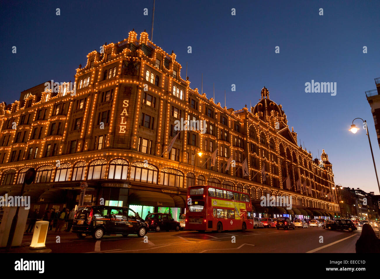 Harrods Department Store at night, Knightsbridge, London England UK Stock Photo
