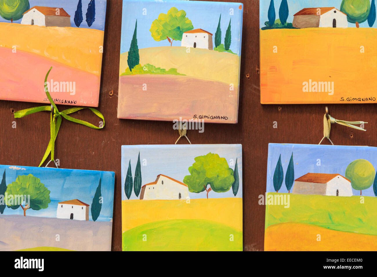 Small souvenir paintings of San Gimignano, Italy Stock Photo
