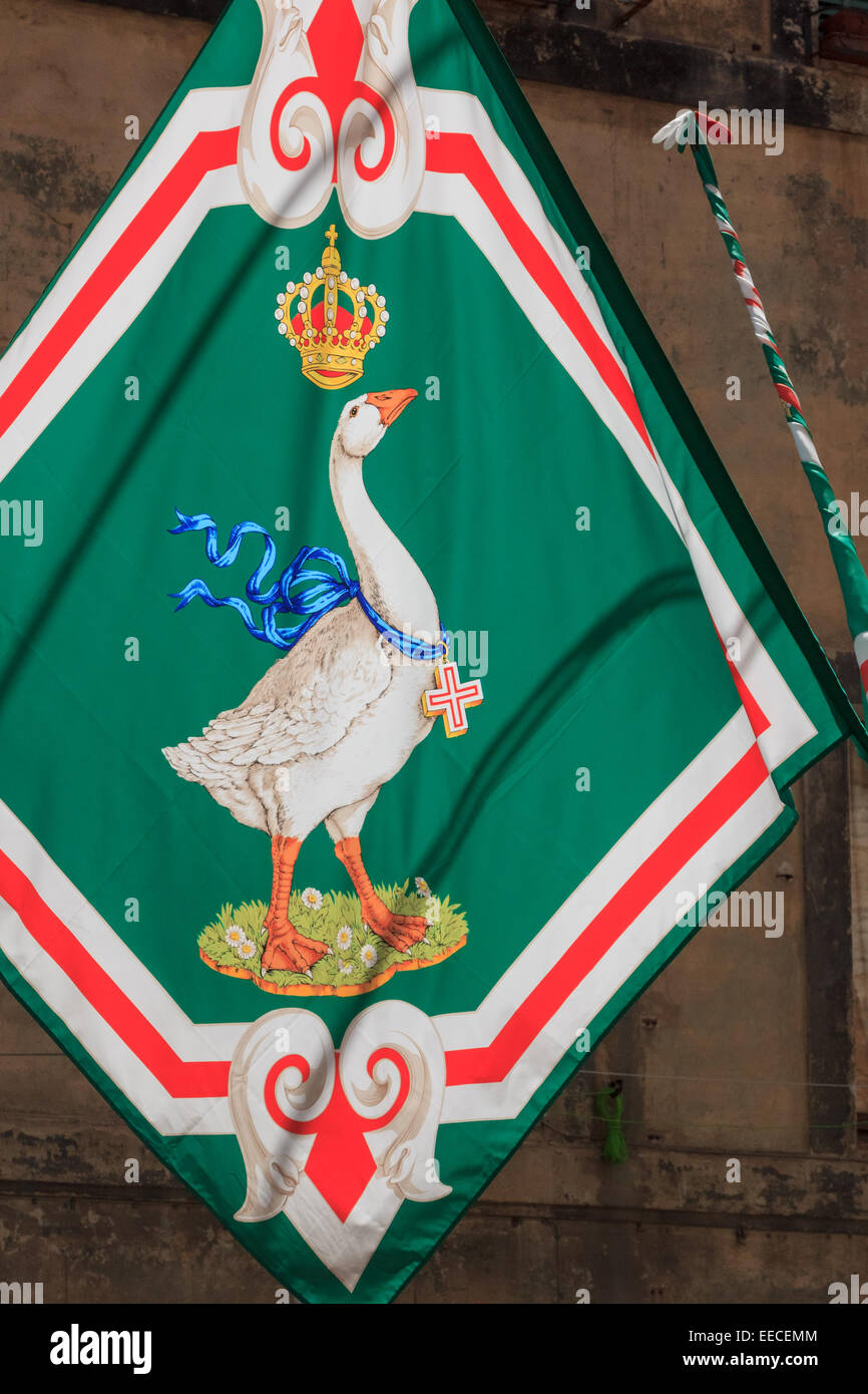 The green flag showing a goose, the symbol for a specific district in Siena, competing in Palio Stock Photo